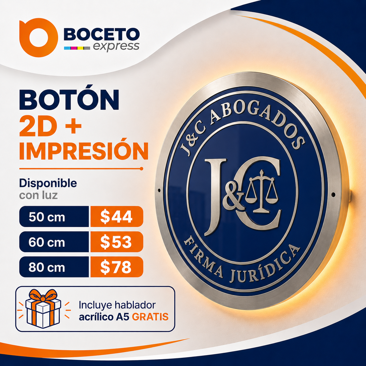 Botón 2D con impresión luminoso personalizado Boceto Express
