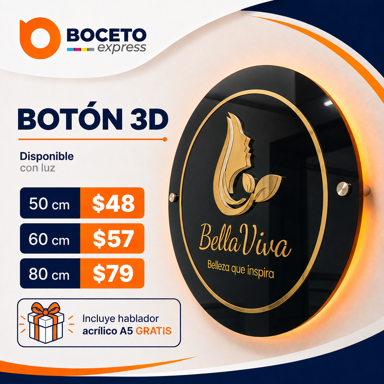 Botón 3D luminoso personalizado Boceto Express