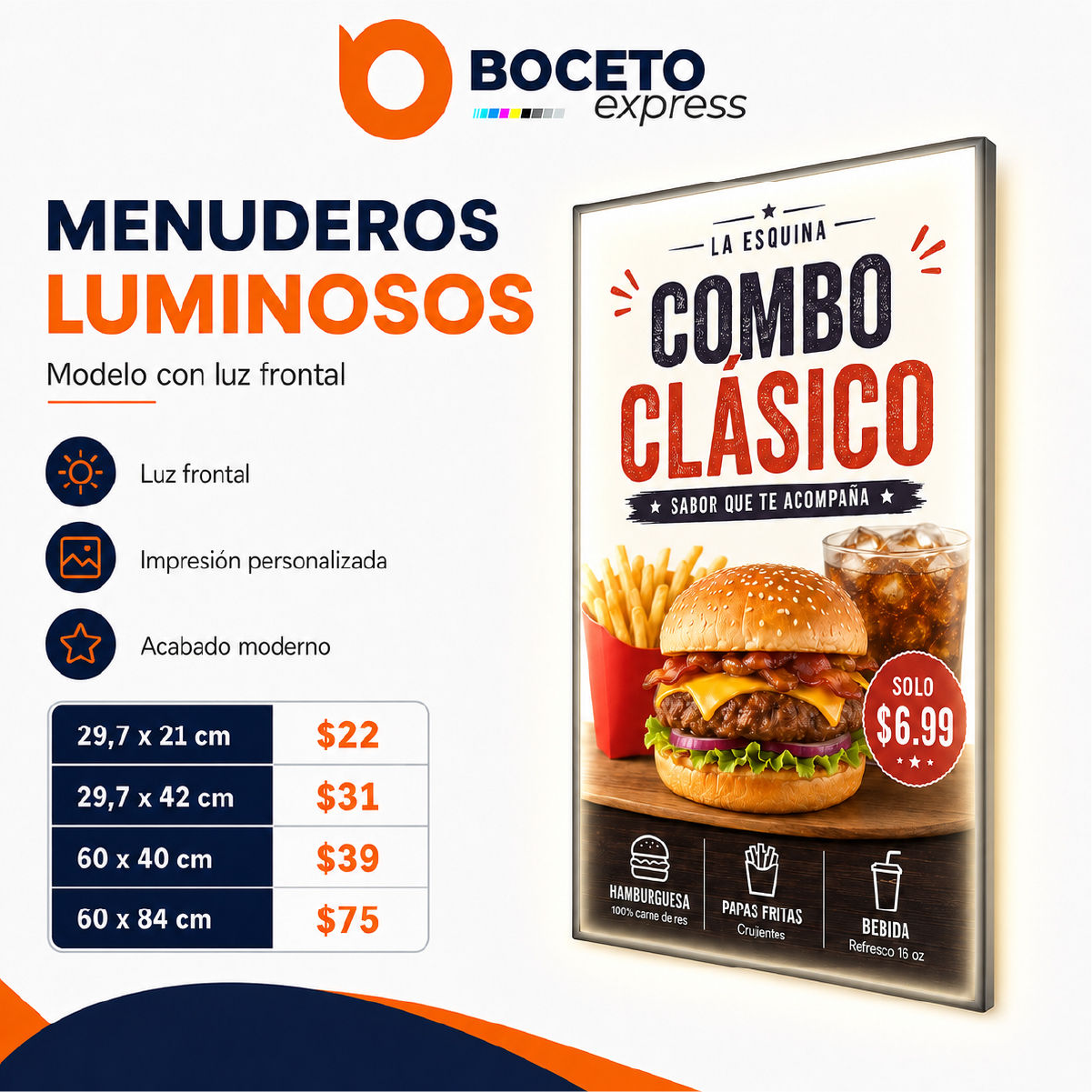 Menudero luminoso luz frontal personalizado Boceto Express