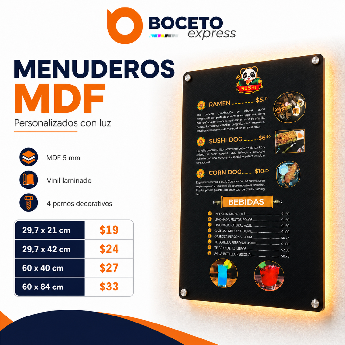 Menudero MDF luminoso personalizado Boceto Express