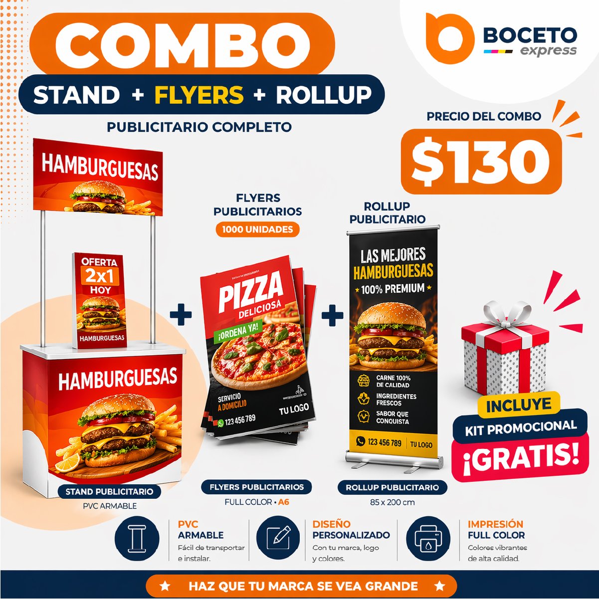 Combo Stand + Flyers + Rollup Publicitario Completo